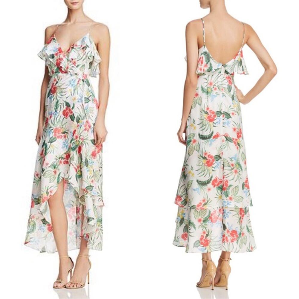 Bardot Ruffled Tropical Floral Faux-Wrap Dress US 4 XS Colorful Cold Shoulder